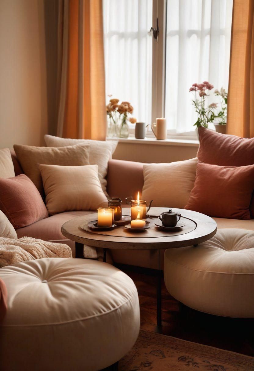 A cozy, inviting space set up for intimate discussions, featuring a circle of comfortable cushions and soft lighting. On a small table, open books on sensuality and sexual health are displayed alongside candles, flowers, and a steaming teapot, symbolizing warmth and connection. The background includes soft, muted colors, creating a serene atmosphere. super-realistic. warm tones. inviting ambiance.