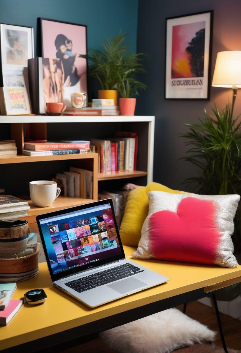 An inviting, stylish workspace featuring a sleek laptop open to a blogging platform, surrounded by adult entertainment-themed decor like playful art pieces, seductive colors, and plush cushions. A small stack of books on niche blogging tips and a vibrant coffee mug add a personal touch, while soft ambient lighting creates an enticing atmosphere. super-realistic. vibrant colors. cozy setting.